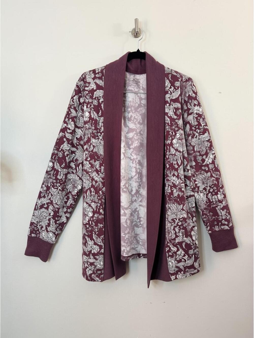 Cuddl Duds Floral Open Front Cardigan Women’s Large Fig Purple Cozy Tie Back